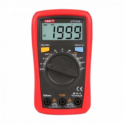 Multímetro digital de mão - Visor LCD até 2000 conta - Medição de tensão em DC e AC até 250V - Medição de intensidade DC e AC até 10A - Medição de Resistência - Buzzer para teste de continuidade