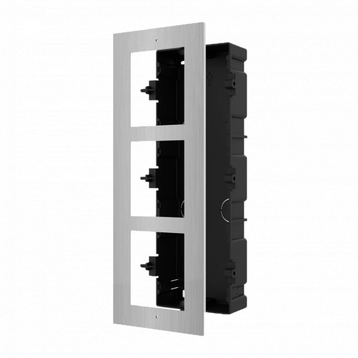 Painel frontal e caixa de registro encastrada - Até 3 módulos - Específico para video porteiros Hikvision - Compatível com os módulos Hikvision - Caixa de plástico - Painel fabricado em aço inoxidável