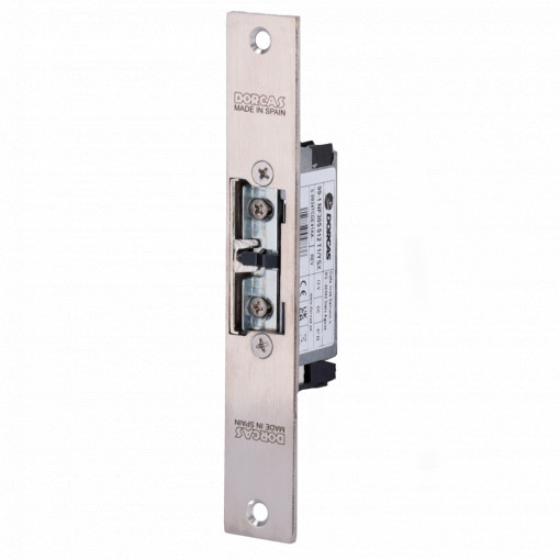 Trincos eléctricos Dorcas - Para porta única : Parafuso radial ajustável - Modo abertura Fail Safe (NC) | Sinal de porta - Força de retenção 330 kg : Frente sem corte - Alimentação DC 12V - Montagem encastrada