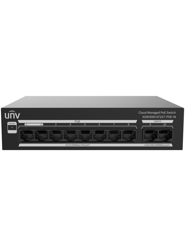 Uniview Switch PoE Cloud Administrável - 8 PoE802.3af/at + 2 uplink RJ45 - 8 RJ45 10/100 Mbps + 2 RJ45 10/100/1000 Mbps - 30W por porta 802.3af/at / Máximo 120W - VLAN/Isolamento de portas/Detecção de loop - Limite de velocidade da porta