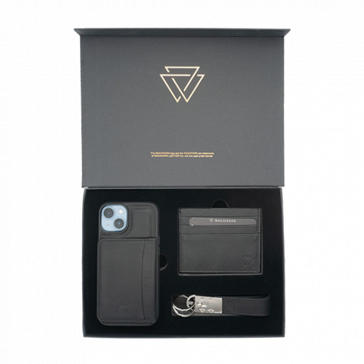 Wachikopa Premium Box Set *iPhone 13 Case with Kickstand Card Holder + Leather Keyring + Leather Wallet - Black