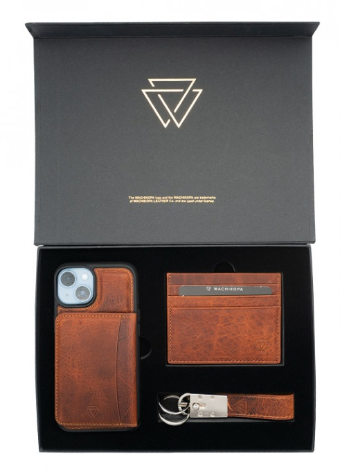 Wachikopa Premium Box Set *iPhone 14 Case with Kickstand Card Holder + Leather Keyring + Leather Wallet - Brown