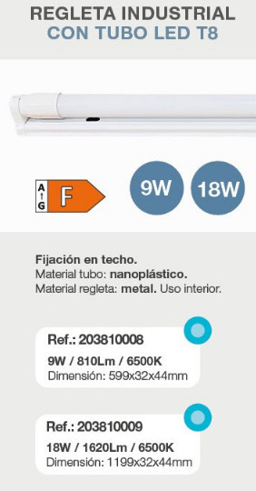 203810008 - 8433373067035Faixa industrial com tubo LED T8 60cm 9W 6500K