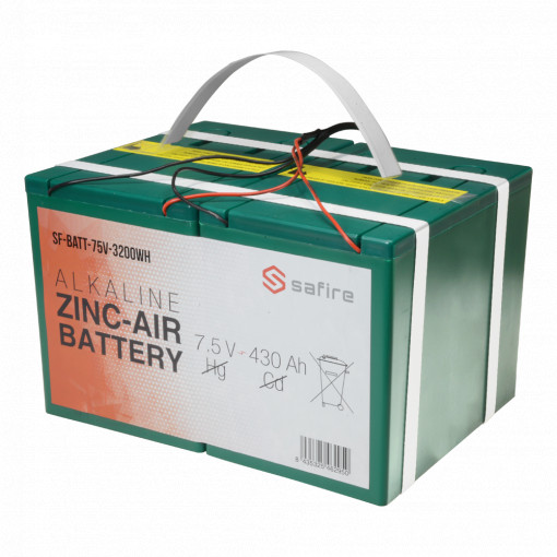Bateria de zinco-ar - Voltagem 7.5 V / Capacidade 3200 Wh - Conector triplo DC: Jack, mini-USB e molex - Comprimento do cabo 2 m - Compatível com Ajax e RSI Videofied - 158 (Al) x 260 (Lg) x 188 (Fd) mm / 6 Kg