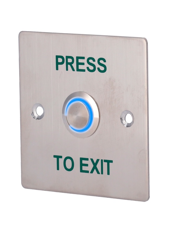 Botão pulsador de abertura de porta com LED - Uso profissional - Testado 100.000 utilizações - NO/NC/COM | Montagem embutida ou de superfície - Dimensões 86 (A) x 86 (L) x 29 (P) mm - Fabricado em aço inoxidável