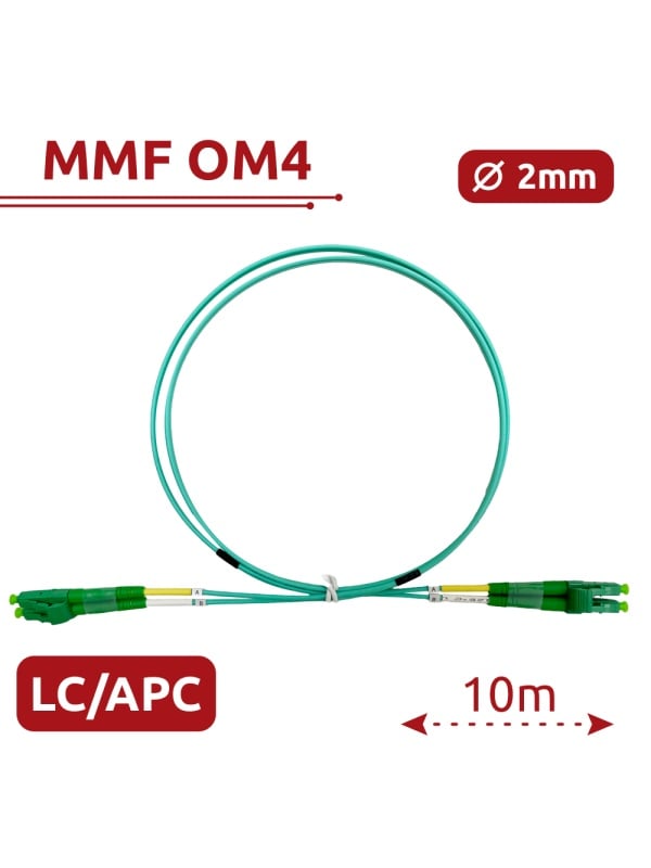 Cabo de ligação de fibra ótica - Fibra multimodo OM4 - Conector LC APC duplex - Comprimento 10m - Coberta LSZH - Compatibilidade com dispositivos genéricos e Ruijie