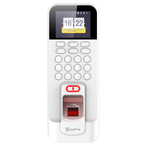 Controlo de Acesso e Presença - Biometria, teclado e cartão EM - 3.000 gravações / 100.000 registos - TCP/IP, USB, RS485, Wiegand e Relé - Controladora integrada | Modos de presença - Software Safire Control Center | Cor branca