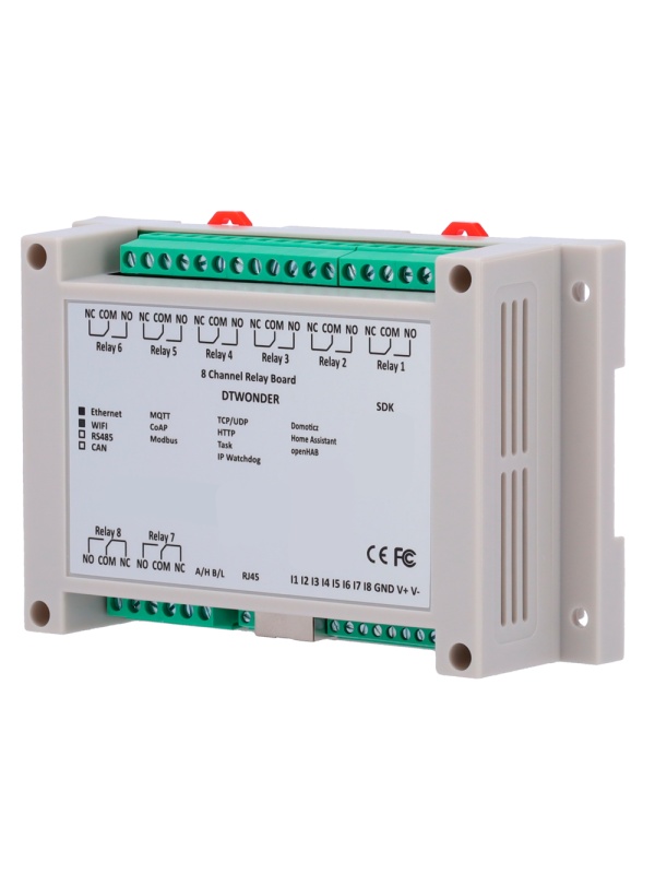 Módulo de aquisição e controlo de dados - 8 entradas digitais / 8 saídas de relé (NA/NF) - Protocolos: Modbus/TCP, TCP/IP, UDP, HTTP,... - Servidor web integrado - 1 Porta Ethernet 10/100 Base-TX, 1 Porta WiFi - Alimentador não incluído (12VDC/1A)