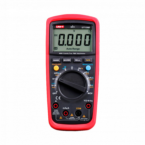 Multímetro digital con función True RMS - Medición de voltaje en DC y AC hasta 600V - Medición de intensidad en DC y AC hasta 10A - Medición de resistencia, capacitancia y frecuencia - Buzzer para test de continuidad