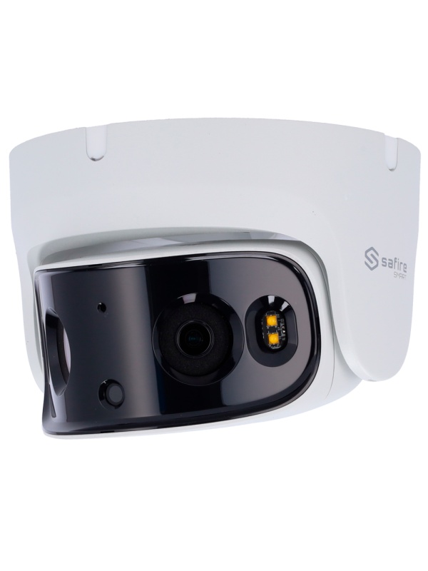 Safire Smart - Câmara Turret IP gama I1 panorâmica - Resolução 8 Megapixel (4320x1680) - Lentes 2x2.8 mm (180º) | - Altifalante dissuasivo - - - - IA: Classificação de humano e veículo - Impermeabilidade IP67 | PoE (IEEE802.3af)