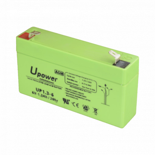 Upower - Bateria recarregável - Tecnología chumbo ácido AGM - Tensão 6 V - Capacidade 1.3 Ah - 97 x 57.5 x 24 / 290 g - Para backup ou utilização directa