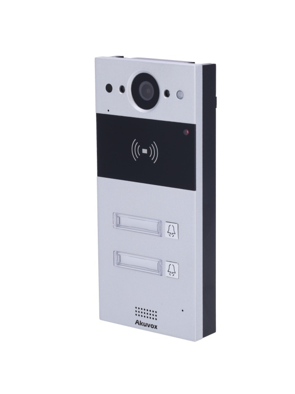 Videoporteiro IP em superficie - Câmara 2 Mpx | Áudio bidirecional - Abertura com cartão EM/MF e NFC 2 relés - 2 apartamentos | PoE, SIP padrão - Manutenção Cloud - Ligação de monitor e placas via Cloud