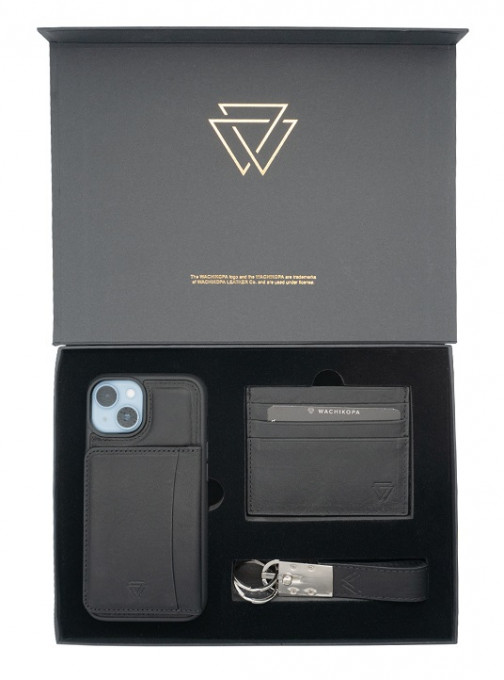 Wachikopa Premium Box Set *iPhone 14 Pro Case with Kickstand Card Holder + Leather Keyring + Leather Wallet - Black