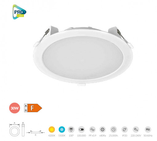 201000070 - 8433373064430Downlight embutido LED redondo 30W 5500K - Pro Line