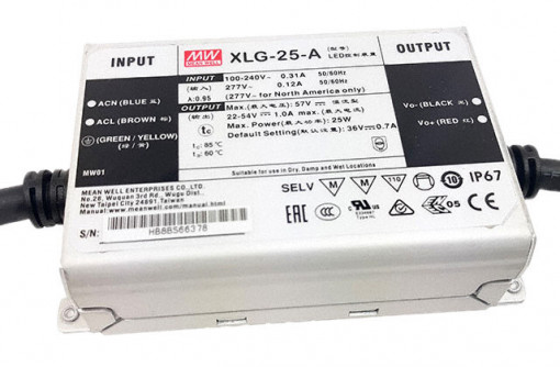 202535.443 - Drive CC Led Mean Well IP65 22-54Vdc 250-1050mA XLG-A - Quant. fornecida = 1 un