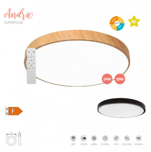 203605074 - 8433373068735Plafon LED redondo Andra 30W 3000K a 6500K IP44 regulável Preto