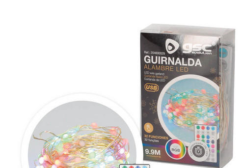 204600029 - 8433373065482Guirlanda de fio LED 9,9M com USB + controle remoto 32 funções 6W RGB