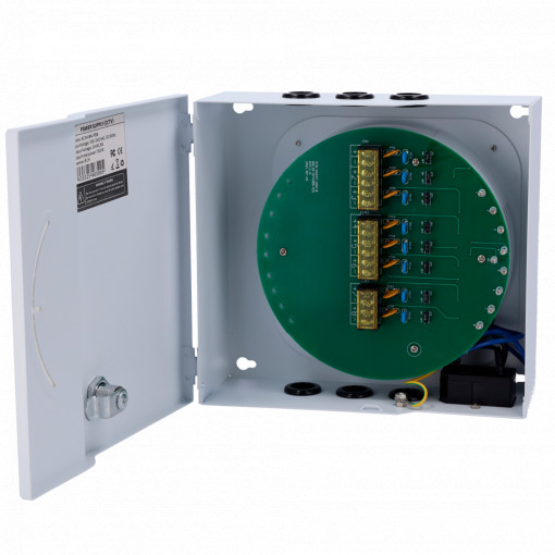 Caja de distribución de alimentación - Entrada AC 100-240 V 50/60 Hz - 8 canales - Protección por fusible PTC rearmable - Voltaje de salida 24 V / 8A - Carcasa metálica