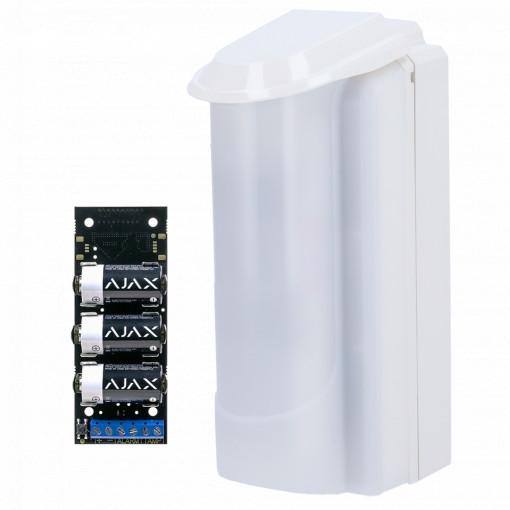 Detector exterior Duevi bajo consumo - Integrado con Ajax Transmitter (incorporado) - Doble PIR y microondas (24 GHz) - Detección 15 m / Antimasking / Inmune a mascotas - Alimentación suministrada por Transmitter - Uso exterior IP54 / Antivandálico IK10