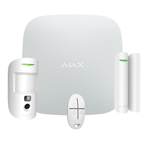 Kit de alarme profissional - Certificado Grau 2 - Comunicação Ethernet e dual SIM GPRS - Sem fios 868 MHz Jeweller e Wings - Ajax HUB 2, 1 PIRCAM - 1 Contacto magnético e 1 controlo