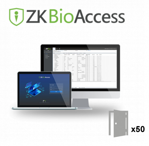 Licencia software de control de acceso - Capacidad 50 puertas - Arquitectura Servidor/Navegador - Alarmas y eventos por email - Compatible con equipos ZKTeco (Push/Pull SDK) - Base de datos profesional PostgreSQL