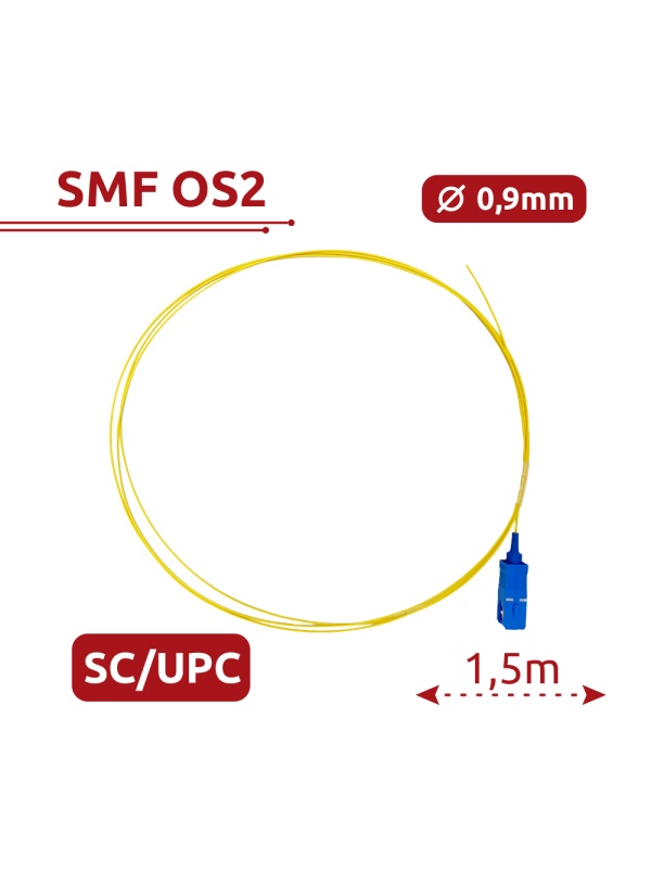Pigtail de fibra ótica - Fibra monomodo OS2 - Conector SC UPC simplex - Comprimento 1.5m - Coberta LSZH - Compatibilidade genérica
