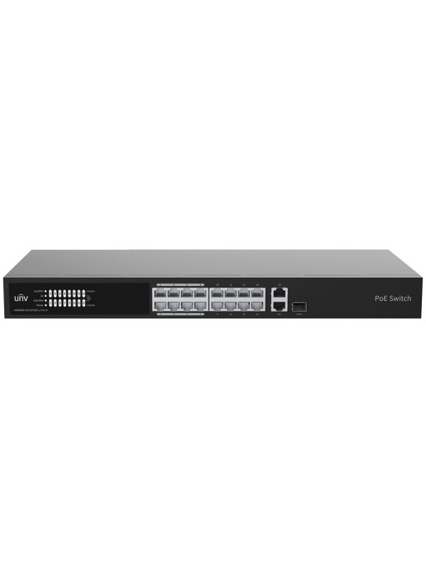 Uniview Switch PoE Cloud Administrável - 16 PoE802.3af/at + 1 uplink RJ45 +1 uplink Combo - 16 RJ45 10/100 Mbps + 1 SFP 10/100/1000 - 30W por porta 802.3af/at / Máximo 150W - VLAN/Isolamento de portas/Detecção de loop - Limite de velocidade da porta