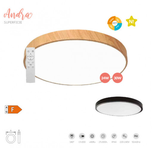 203605075 - 8433373068742Plafon LED redondo Andra 30W 3000K a 6500K IP44 regulável efeito madeira