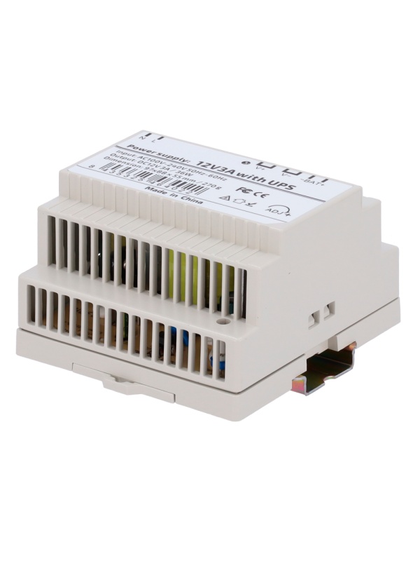 Alimentação elétrica com função UPS - Saída DC 12 V 3 A / 36 W - Tensão de entrada CA 100V ~ 240V 50Hz-60Hz - 97 (Fo) x 55 (Al) x 88 (An) mm - Montagem em carril DIN - Protecção: Sobrecarga / Sobretensão / Circuito curto