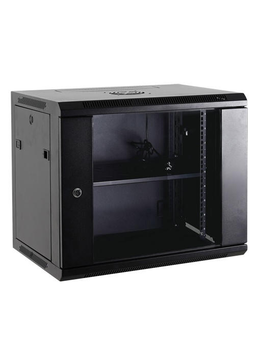 Armário rack para parede - Até 9U rack de 19" - Até 100 Kg de carga - Com ventilação e guarnições para cabos - Inclui ventoinha, tabuleiro e extensão 6 tomadas incluidas - É vendido desmontado