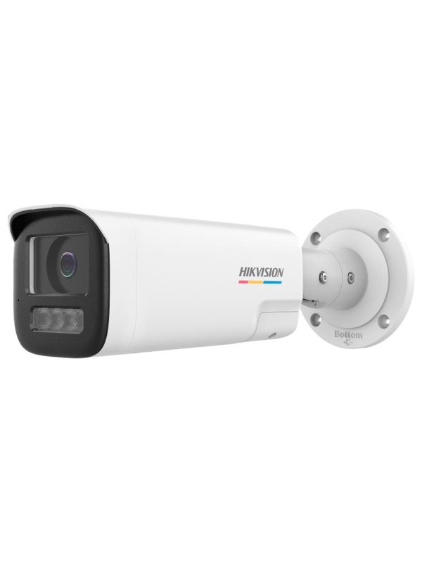 Hikvision câmara IP Bullet gama VALUE ColorVu3.0 - Resolução 4 MPx | PoE IEEE802.3af - ColorVu3.0: imagem a cores HIKAI-ISP F1.0 1/1.8" - 2.8 mm | Microfone | Luz híbrida até 50m - Deteção de movimento 3.0 | Altifalante/luz de polícia - IP67 | ranhura par