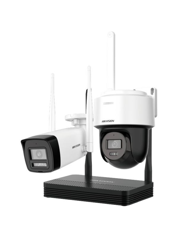 Kit de videovigilância Wifi da Hikvision - Câmara bullet 4 Mpx + Câmara PT 4 Mpx - NVR 4 Canais IP 6 Mpx - Lente 2.8 mm (ambas as câmaras) - Bullet: IV 30 m | PT: IR 25 m, luz branca 25 m - Microfone incorporado | MicroSD | 1 HDD | IP66