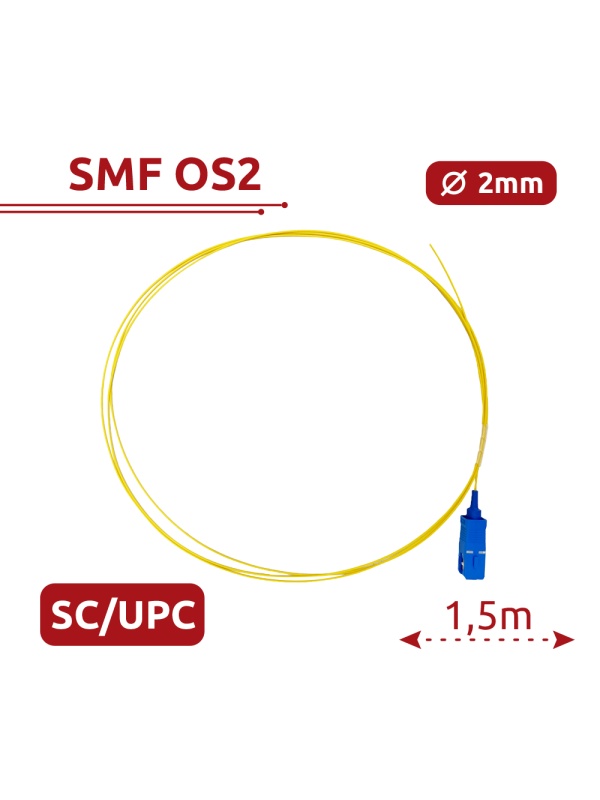Pigtail de fibra ótica - Fibra monomodo OS2 - Conector SC UPC simplex - Comprimento 1.5m - Coberta LSZH - Compatibilidade genérica