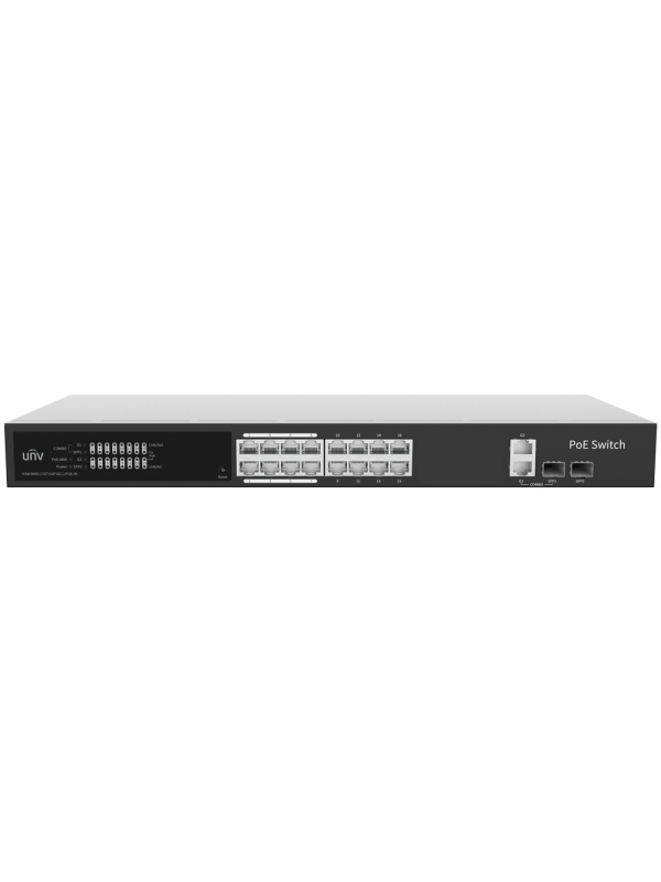 Uniview Switch PoE Cloud Administrável - 16 PoE802.3af/at + 2 uplink RJ45 + 2 SFP - 16 RJ45 FE + 2 GE + 2 SFP - 30W por porta 802.3af/at / Máximo 150W - VLAN/Isolamento de portas/Detecção de loop - Limite de velocidade da porta