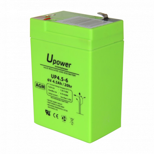 Upower - Bateria recarregável - Tecnología chumbo ácido AGM - Tensão 6 V - Capacidade 4.5 Ah - 106 x 70 x 47 / 810 g - Para backup ou utilização directa