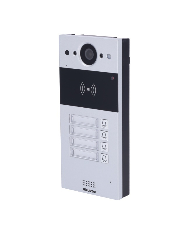 Videoporteiro IP em superficie - Câmara 2 Mpx | Áudio bidirecional - Abertura com cartão EM/MF e NFC 2 relés - 4 apartamentos | PoE, SIP padrão - Manutenção Cloud - Ligação de monitor e placas via Cloud