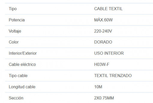 003902982 - 8433373029828Cabo têxtil 10M (2x0,75mm) trançado Dourado