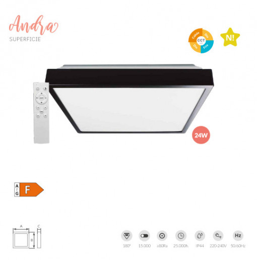 203605076 - 8433373068759Plafon LED quadrado Andra 30W 3000K a 6500K IP44 regulável Preto