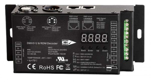 215422.4960 - Controlador RGBWA 12-24VDC 5x8A 960W (24VDC) Control DMXPRO - Quant. fornecida = 1 un