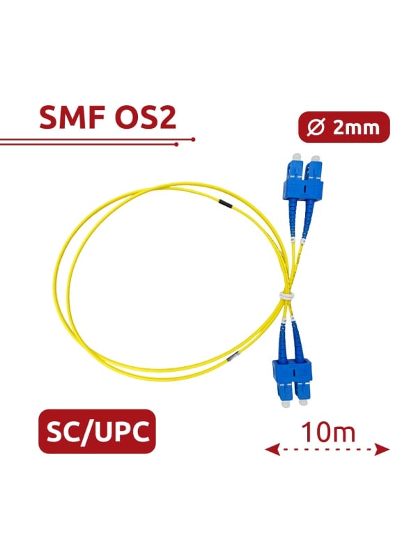 Cabo de ligação de fibra ótica - Fibra monomodo OS2 - Conector SC UPC duplex - Comprimento 10m - Coberta LSZH - Compatibilidade genérica