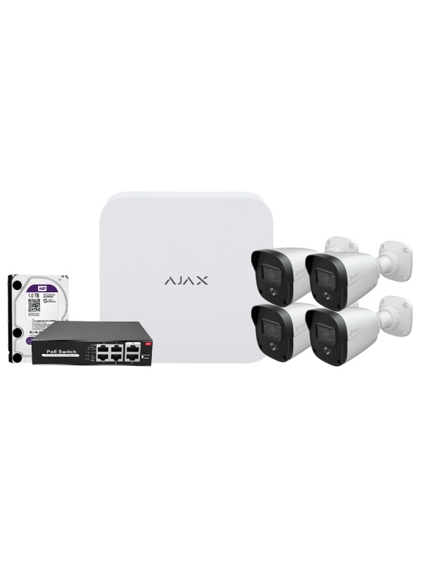 Kit de videovigilância Ajax - Gravador Ajax de 8 canais - 4 câmaras bullet de 4 Mpx Safire Smart DualLight - Switch PoE de 4 canais - Um disco rígido de 1 TB - Integração ONVIF
