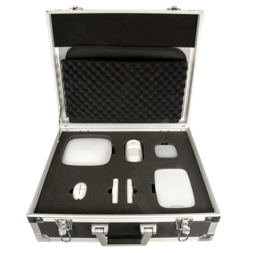Maleta de demonstração Ajax - Kit de alarme profissional - Certificado Grau 2 - Comunicação Ethernet e GPRS - Sem fios 868 MHz Jeweller - App Móvel e Web / Cor branca