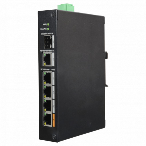 Switch PoE X-Security - 4 portas PoE +1 SFP +1 Uplink Gigabit - Velocidade 10/100/1000 Mbps - 60W porta 1 / 30W porta 2-4 / Máximo 60W - Hi-PoE / IEEE802.3at (PoE+) / af (PoE) - Montagem em carril DIN