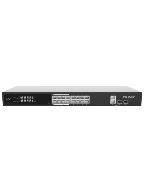 Uniview Switch PoE Cloud Administrável - 16 PoE802.3af/at + 2 uplink RJ45 + 2 SFP - 16 RJ45 FE + 2 GE + 2 SFP - 30W por porta 802.3af/at / Máximo 250W - VLAN/Isolamento de portas/Detecção de loop - Limite de velocidade da porta