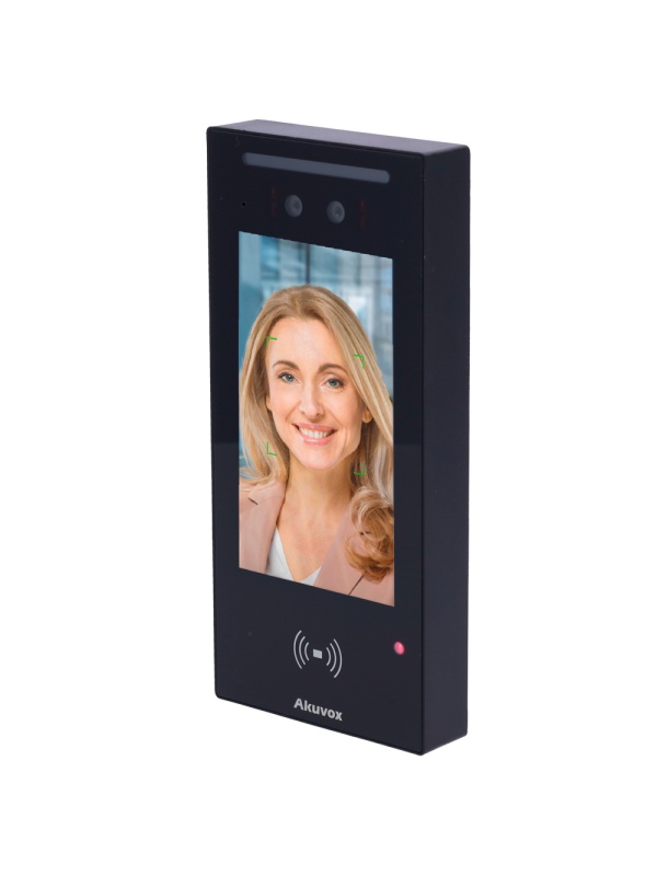 Videoporteiro com controlo de acesso - Câmara 2 Mpx : Áudio e vídeo bidirecionais - Facial, cartão, NFC, BLE, QR e PIN | 1 relé - 20.000 utilizadores | PoE, SIP padrão - Ecrã IPS 5" táctil | Manutenção Cloud - Ligação de monitor e placas via Cloud