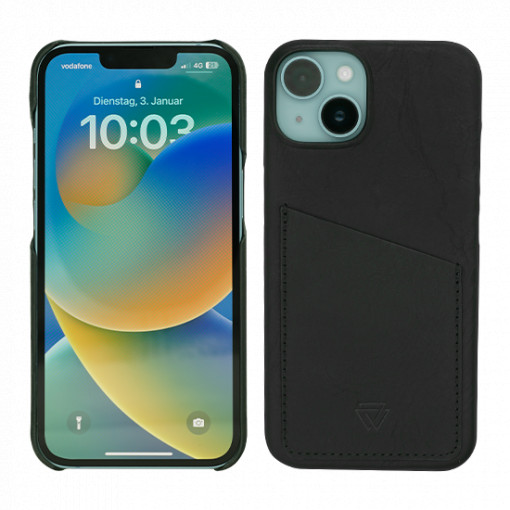 Wachikopa Full Leather Case with Card Holder *Natural Genuine Leather* for iPhone 14 Plus - Black