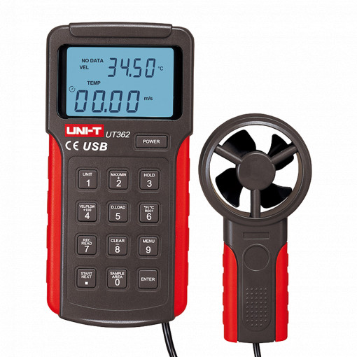 Anemómetro tipo Split - Sensor de velocidad del viento de alta precisión - Sensor de temperatura - Apagado automático | Memoria - Conexión a PC mediante USB - Display LCD retroiluminado