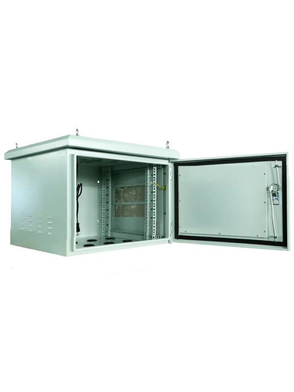 Armário rack para parede - Até 6U rack de 19" - Até 100 Kg de carga - Com grelhas de ventilação e prensa-cabos - Grau de protecção IP65 - 8 Entradas para cablagem / 2 ventiladores