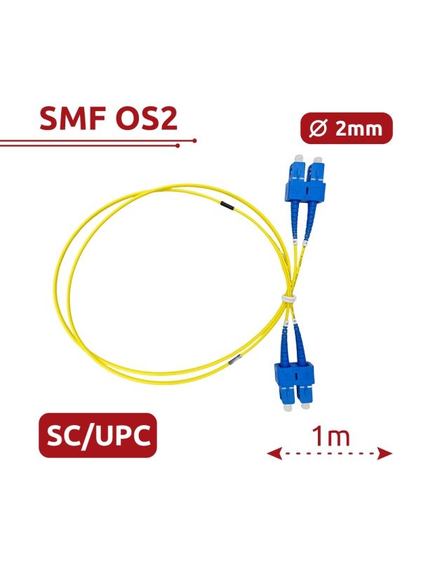Cabo de ligação de fibra ótica - Fibra monomodo OS2 - Conector SC UPC duplex - Comprimento 1m - Coberta LSZH - Compatibilidade genérica