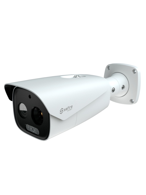 Câmara térmica Dual Bullet IP Safire Smart - Sensor térmico 12 μm 384x288 VOx | Lente 25 mm - Sensor óptico 1/2.7” 5 Mpx | Lente 16 mm - Sensibilidade térmica ≤ 35mK - IA baseada na classificação humana e de veículos - Taxa de medição do tempo -20~150ºC /